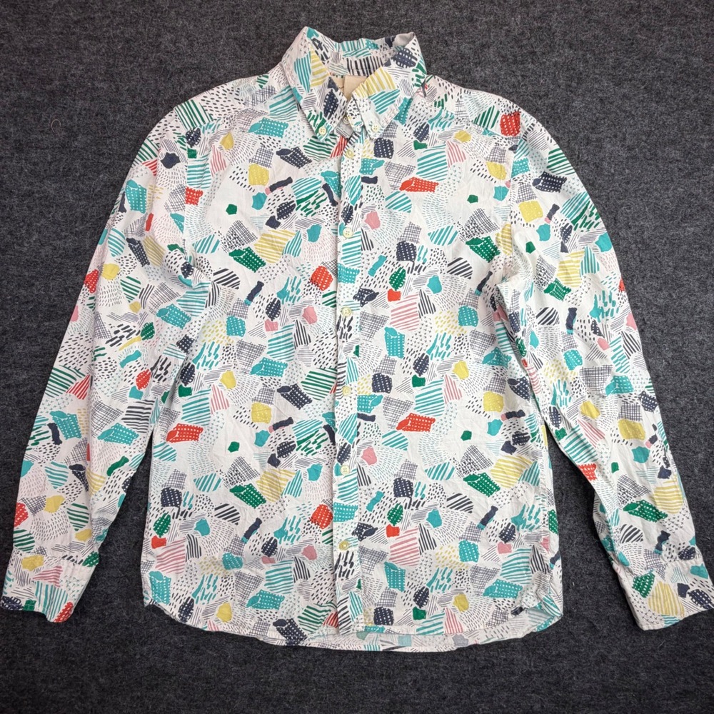 H&M L.O.G.G. Button Down Shirt Mens Small White Multicolor Abstract Print Cotton